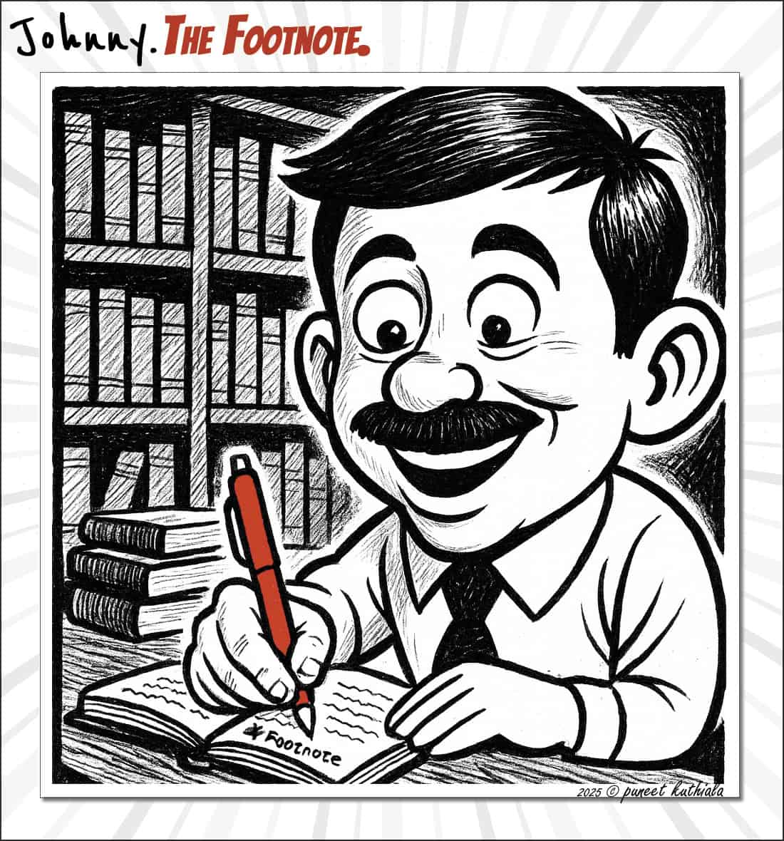 Puneet Kuthiala drawing a note in a library setting, emphasizing writing and influence.