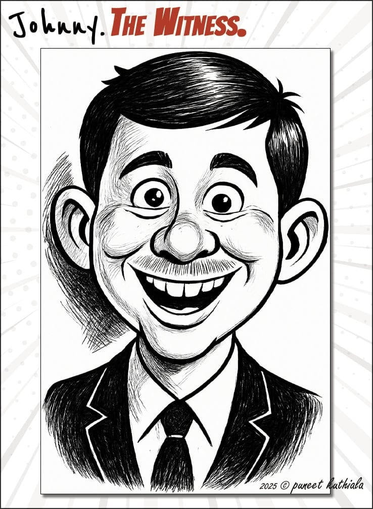 A cartoon portrait of a smiling man in a suit and tie, with exaggerated features and cheerful expression.