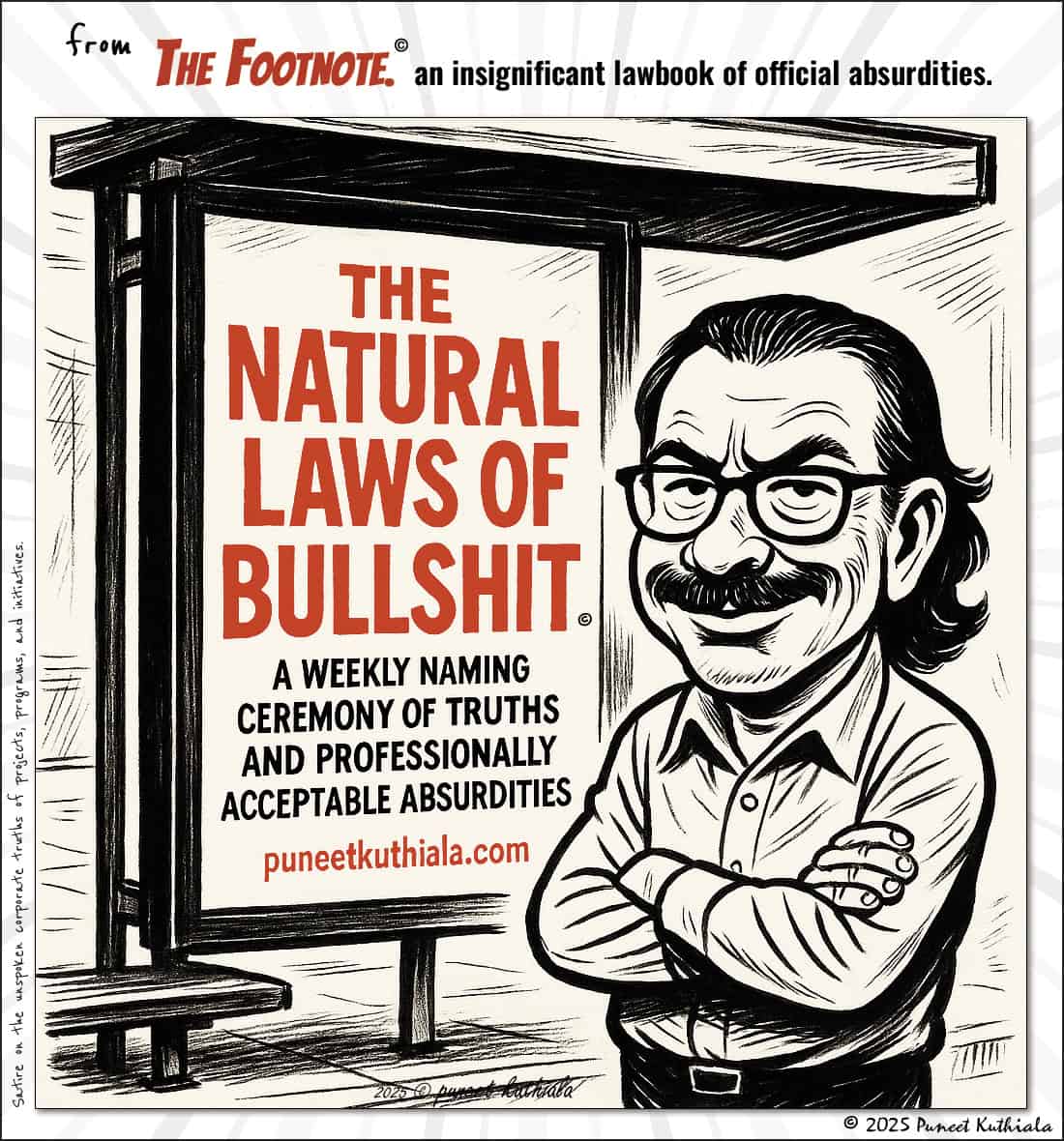"Cartoon of a smiling man with glasses and a mustache standing next to a billboard.".
