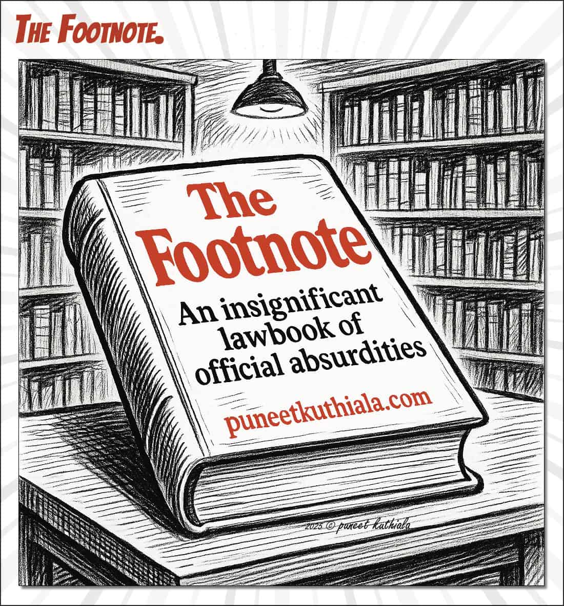 A large sketch of a book titled "The Footnote" with shelves of books in the background and a hanging lamp.
