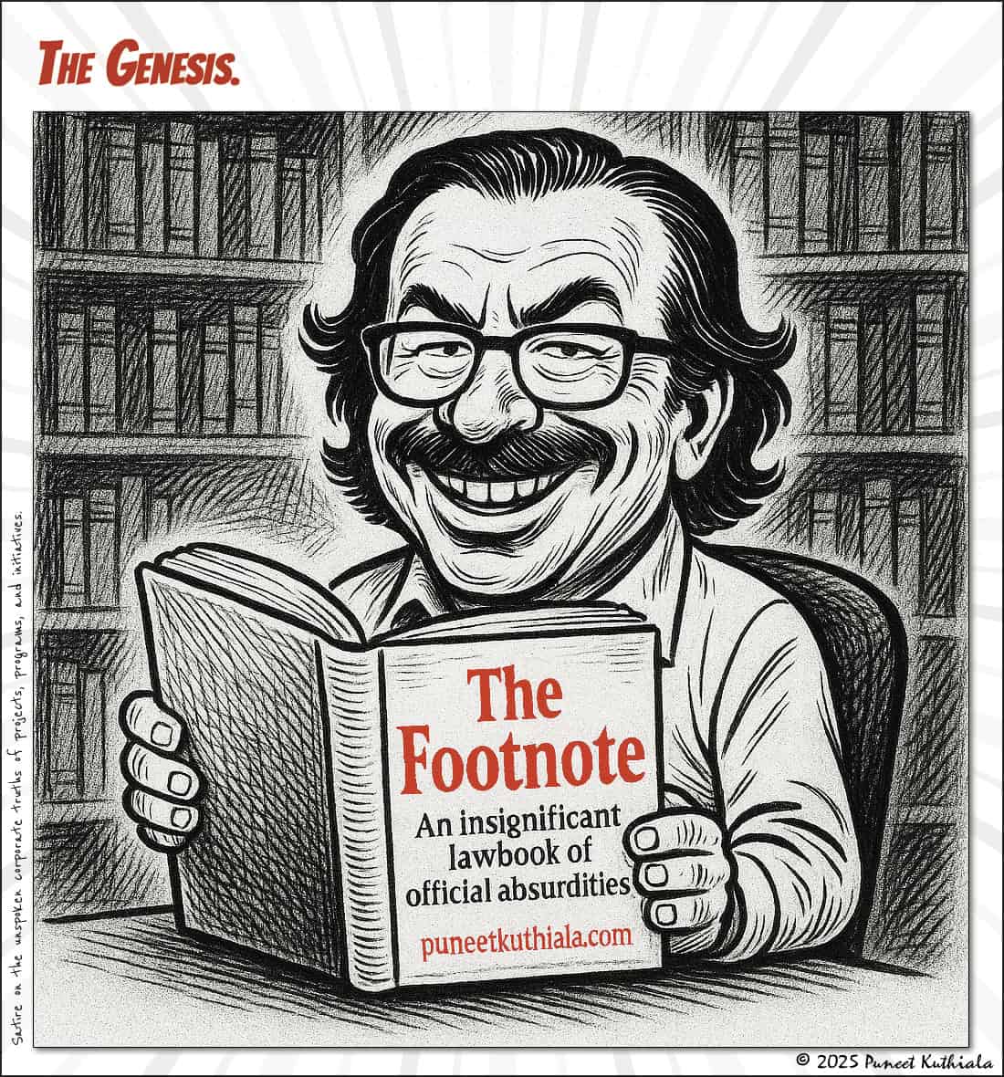 "Illustration of Puneet Kuthiala holding a humorous book, surrounded by a library background.".